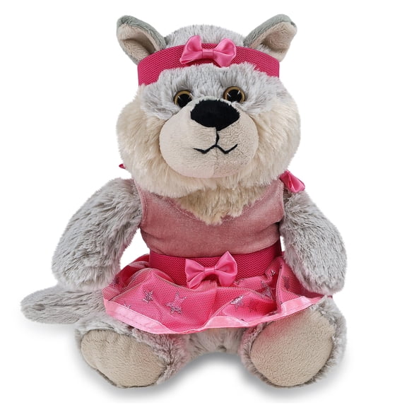 DolliBu Sitting Wolf Stuffed Animal with Ballerina Dress Up Set - Cute Wolf Plush Toy in Ballet Costume with Tutu Skirt, Headband, and Shirt for Kids and Adults - 9 Inches