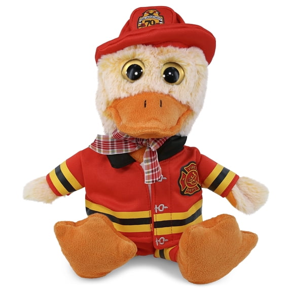 DolliBu Sitting Yellow Duck Firefighter Stuffed Animal - Super Soft Duck Fireman Toy with Red Fireman Costume Outfit and Fireman Hat, Farm Life Animal Fire Fighter Doll Plush Toy for Kids - 9 Inch