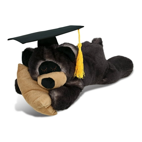 DolliBu Sleeping Black Bear with Pillow Graduation Plush Toy - Super Soft Black Bear Graduation Stuffed Animal Dress Up with Graduation Cap with Tassel - Reward Celebration Grad Gift - 10 Inch