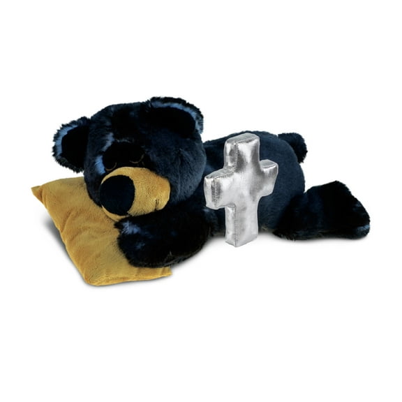 DolliBu Sleeping Black Bear with Pillow Stuffed Animal with Silver Cross Plush - Religious Baptism Gifts for Boys and Girls, Dedication Christening Gifts Plush Prayer Toy Stuffed Animal - 6 Inch