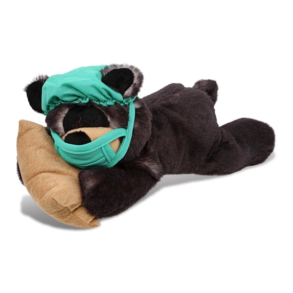 DolliBu Sleeping Black Bear With Pillow Doctor Plush Toy - Super Soft Bear Doctor Stuffed Animal Dress Up with Scrub Uniform and Cap Outfit - Fluffy Doctor Toy Plush - 10 Inches