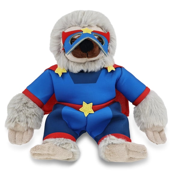 DolliBu Sloth Plush Stuffed Animal with Superhero Costume - Cute Wildlife Toy with Red Cape Blue Suit, Eye Mask - Super Hero Adventure Plush for Kids - 7.5 Inches
