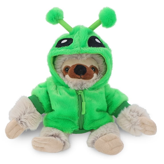 DolliBu Sloth Plush with Green Alien Hoodie Jacket - Space Themed Sloth Toy, Fluffy Stuffed Animal with Alien Jacket - 7.5 Inches