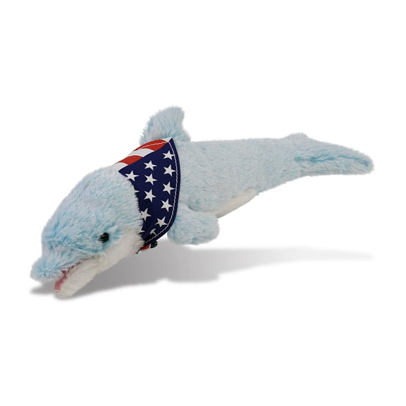 DolliBu Small Dolphin Plush with USA Flag Bandana - Super Soft United States of America Small Dolphin Patriotic Stuffed Animal - 14 Inches