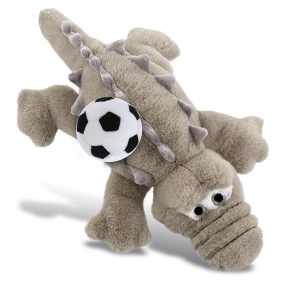 DolliBu Small Grey Alligator Stuffed Animal with Soccer Ball Plush - Soft Huggable Alligator Playtime Plush Toy, Cute Wild Life Gift, Super Soft Plush Doll Animal Toy for Kids and Adults - 14 Inches