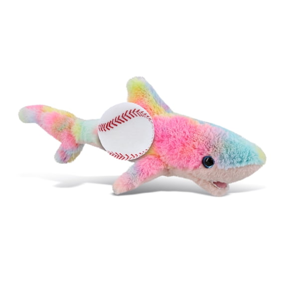 DolliBu Small Rainbow Shark Stuffed Animal with Baseball Plush - Soft Huggable Shark, Playtime Plush Toy, Cute Ocean Life Gift, Super Soft Plush Doll Animal Toy for Kids and Adults - 14 Inches