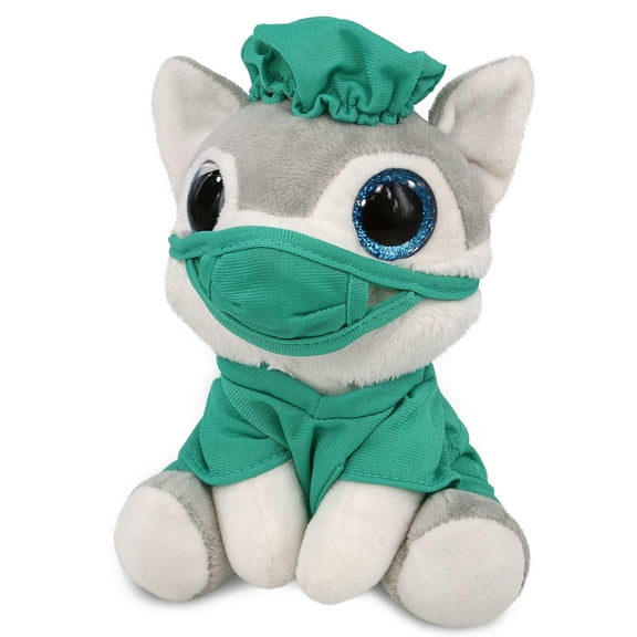 DolliBu Small Wolf Sparkle Eyes Doctor Plush Toy - Super Soft Wolf Doctor Stuffed Animal Dress Up with Scrub Uniform and Cap Outfit - Fluffy Doctor Toy Plush Gift - 8 Inch