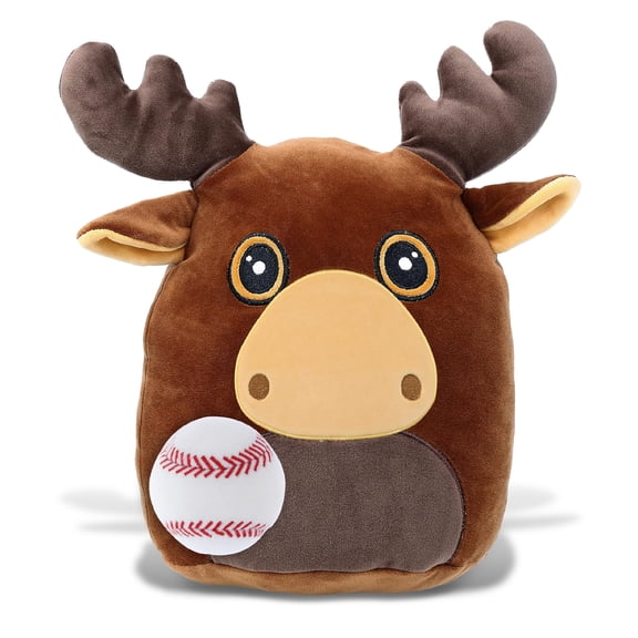 DolliBu Snug-Mooshies Moose Stuffed Animal with Baseball Plush - Soft and Huggable Moose Gift, Cute Wild Animal with Plush Baseball Toy for Kids - 10 Inches