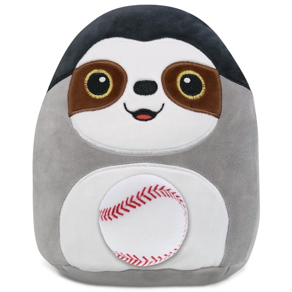 DolliBu Snug-Mooshies Sloth Stuffed Animal with Baseball Plush - Soft and Huggable Sloth Gift, Cute Wild Animal with Plush Baseball Toy for Kids - 10 Inches