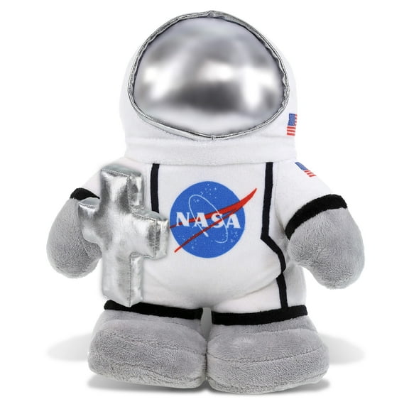 DolliBu Snug-Mooshies Standing Astronaut Stuffed Toy with Silver Cross Plush - Religious Baptism Gifts for Boys and Girls, Dedication Christening Gifts Plush Prayer Toy Healing Stuffed Doll - 9 Inches
