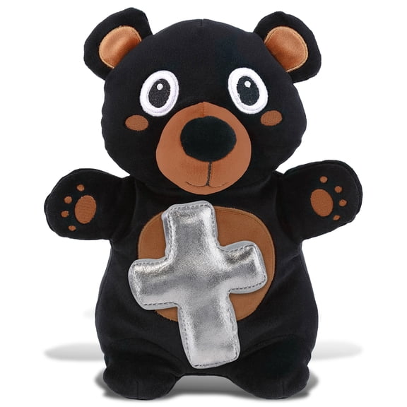 DolliBu Snug-Mooshies Standing Black Bear Stuffed Animal with Silver Cross Plush - Baptism Gifts for Boys and Girls, Dedication Christening Gifts Plush Prayer Toy Healing Stuffed Animal - 10 Inches