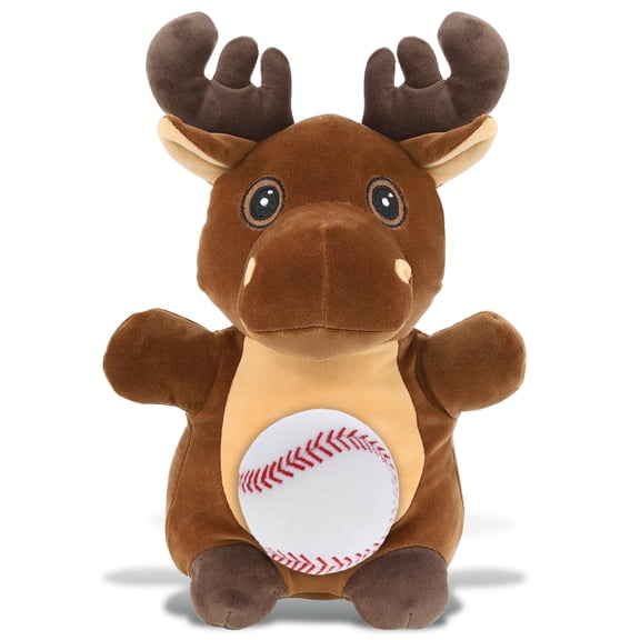 DolliBu Snug-Mooshies Standing Moose Stuffed Animal with Baseball Plush - Soft and Huggable Moose Gift, Cute Wild Animal with Plush Baseball Toy for Kids - 10 Inches