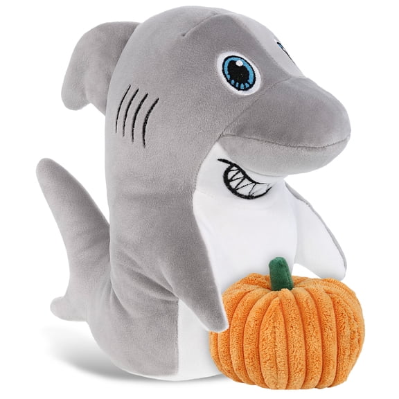 DolliBu Snug-Mooshies Standing Shark Stuffed Animal with Pumpkin Decor - Pumpkin Plush Animal for Fall, Halloween and Thanksgiving, Pumpkin Toy for Baby, Kids, Adults - 11 Inches