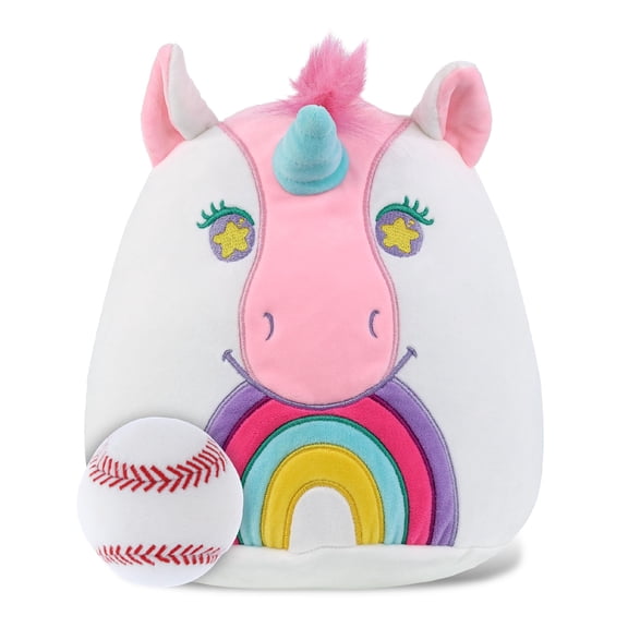 DolliBu Snug-Mooshies Unicorn Stuffed Animal with Baseball Plush - Soft and Huggable Unicorn Gift, Cute Fantasy Animal with Plush Baseball Toy for Kids - 10 Inches