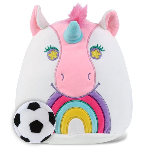 DolliBu Snug-Mooshies Unicorn Stuffed Animal with Soccer Ball Plush - Huggable Unicorn Playtime Plush Toy, Cute Fantasy Gift, Super Soft Stuffed Doll Animal Toy for Kids, Adults - 10 Inches