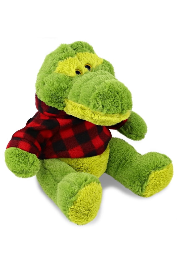 Soft Sitting Green Alligator Stuffed Animal with Plaid Red Hoodie Sweater - Cute Alligator Plush Lumberjack Stuffed Toy with Plaid Jacket Dress Up for Christmas, Holiday, Winter - 10 Inches