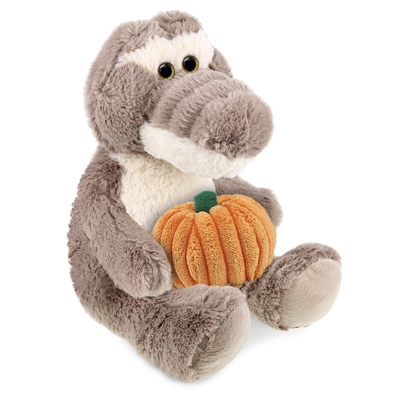 DolliBu Soft Sitting Grey Alligator Stuffed Animal with Pumpkin Decor - Cute Alligator and Pumpkin Plush Animal for Fall, Halloween and Thanksgiving, Pumpkin Toy for Kids, Adults - 9 Inches
