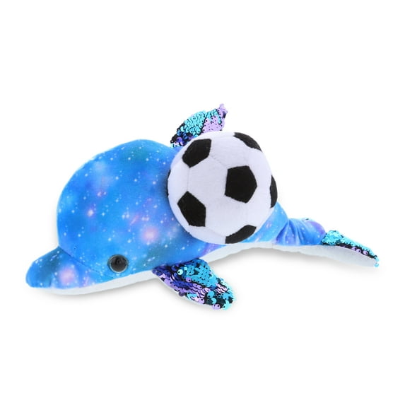 DolliBu Space Dolphin Stuffed Animal with Soccer Ball Plush - Soft Huggable Dolphin, Adorable Playtime Plush Toy, Cute Ocean Life Gift, Soccer Plush Doll Animal Toy for Kids and Adults - 12 Inch