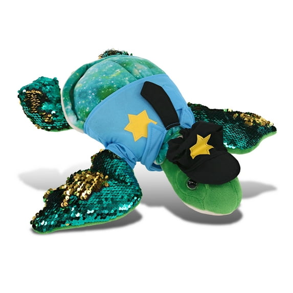 DolliBu Space Sequin Sea Turtle Police Officer Super Soft Plush Toy - Soft Sea Turtle Cop Stuffed Animal Dress Up with Cute Cop Uniform and Cap Outfit - Police Plush Gift- 13 Inches