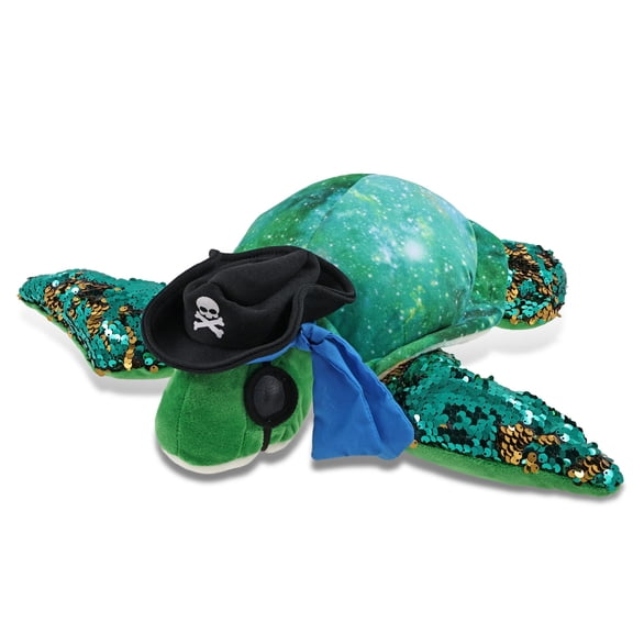 DolliBu Space Sequin Sea Turtle Stuffed Animal With Pirate Costume - Sea Adventure Animal Plush Toy Stuffed Sea Turtle With Cute Black Pirate Costume Hat - 13 Inches