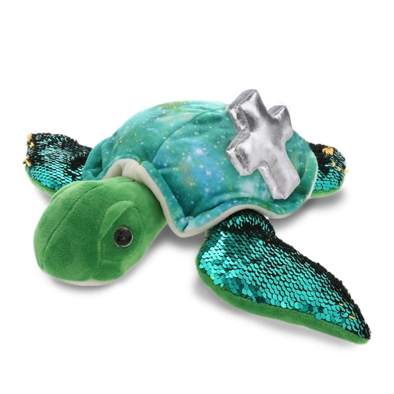 DolliBu Space Sequin Sea Turtle Stuffed Animal with Silver Cross Plush - Religious Baptism Gifts for Boys and Girls, Dedication Christening Gifts Plush Prayer Toy Healing Stuffed Animal - 13 Inches