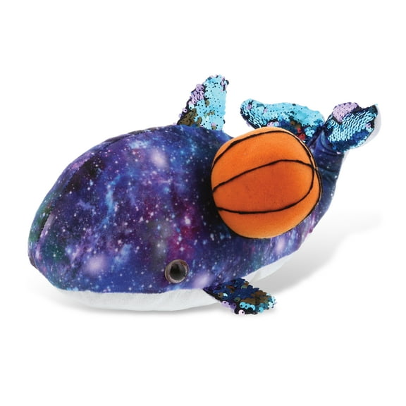 DolliBu Space Sequin Whale Stuffed Animal with Basketball Plush - Soft Huggable Whale, Adorable Playtime Plush Toy, Cute Ocean Life Gift, Basketball Plush Animal Toy for Kids, Adults - 13 Inch
