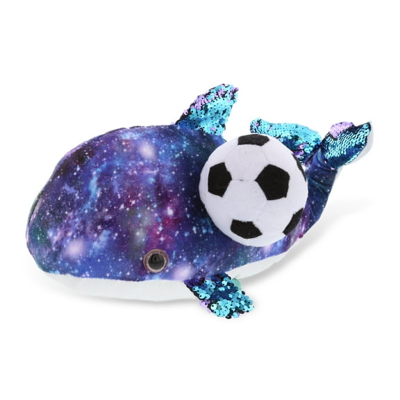 DolliBu Space Whale Stuffed Animal with Soccer Ball Plush - Soft Huggable Whale, Adorable Playtime Whale Plush Toy, Cute Ocean Life Gift, Soccer Plush Animal Toy for Kids and Adults - 13 Inch