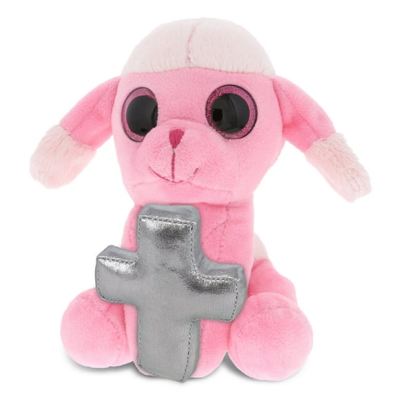 DolliBu Sparkle Eye Pink Poodle Dog Stuffed Animal with Silver Cross Plush - Religious Baby Baptism Gifts for Boys and Girls, Dedication Christening Gift Plush Prayer Toy Healing Teddy Bear - 6 Inches