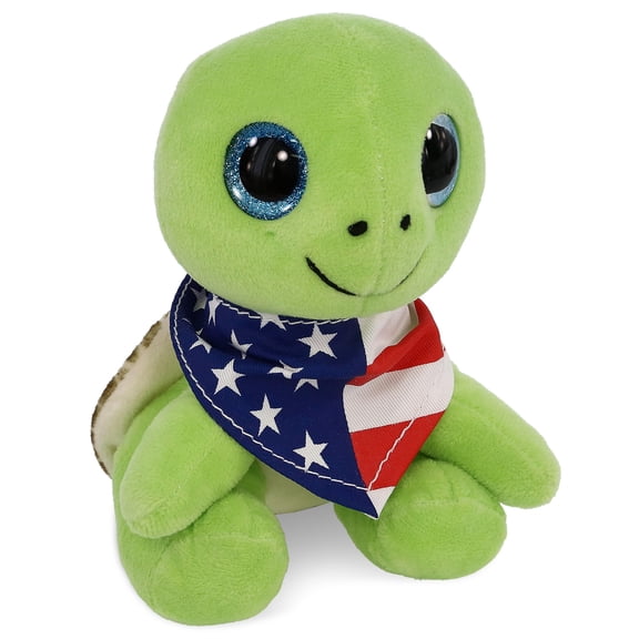 DolliBu Sparkle Eyes Green Sea Turtle Plush with USA Flag Bandana - Super Soft United States of America Sparkle Eyes Green Sea Turtle Patriotic Stuffed Animal - 6 Inches