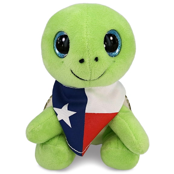 DolliBu Sparkle Eyes Green Sea Turtle Stuffed Animal with Texas Flag Bandana - Super Soft Stuffed Animal Plush Toy with Neck Scarf, Ocean Animal Bear Plush - 6 Inches