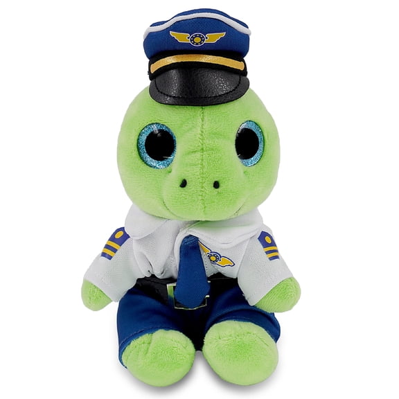 DolliBu Sparkle Eyes Green Sea Turtle Stuffed Animal with Pilot Costume - Cute Ocean Plush Toy with Airplane Aviation Uniform Dress Up Set - 6 Inches