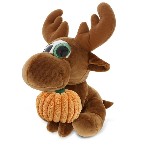 DolliBu Sparkle Eyes Moose Stuffed Animal with Pumpkin Plush Decor - Brown Moose Pumpkin Plush Animal for Fall, Halloween and Thanksgiving, Pumpkin Plush Toy for Baby, Kids, Adults - 6.5 Inches