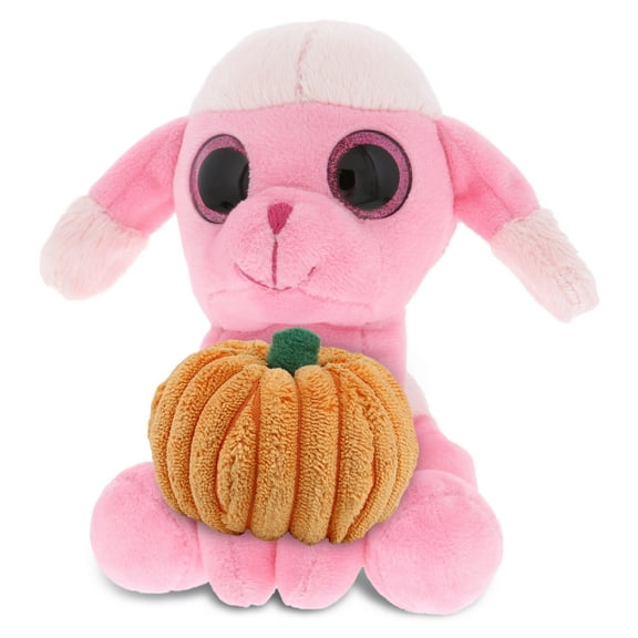 DolliBu Sparkle Eyes Pink Poodle Dog Stuffed Animal with Pumpkin Plush Decor - Poodle Dog Pumpkin Plush Animal for Fall, Halloween and Thanksgiving, Pumpkin Plush Toy for Kids, Adults - 6 Inches