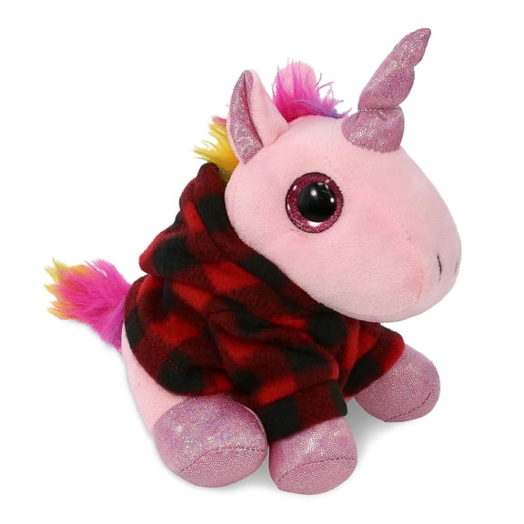 DolliBu Sparkle Eyes Pink Unicorn Stuffed Animal with Plaid Red Hoodie Sweater - Cute Unicorn Plush Lumberjack Stuffed Toy with Plaid Jacket Dress Up for Christmas, Holiday, Winter - 8 Inches