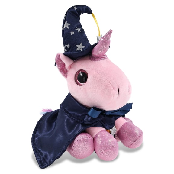 DolliBu Sparkle Eyes Pink Unicorn Stuffed Animal with Wizard Costume - Cute Fantasy Plush Toy with Magical Dress Up Set Blue Cape and Wizard Hat with Silver Stars - 8 Inches