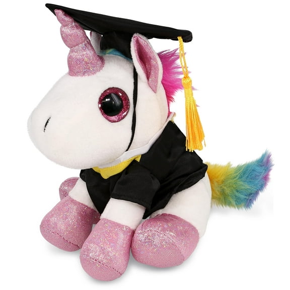 DolliBu Sparkle Eyes White Unicorn Graduation Plush Toy - Super Soft Graduation Stuffed Animal Dress Up Gown and Cap with Tassel - Cute Congratulatory Graduation Gift - 8 Inches