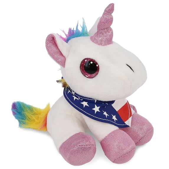 DolliBu Sparkle Eyes White Unicorn Plush with USA Flag Bandana - Super Soft United States of America Sparkle Eyes White Unicorn Patriotic Stuffed Animal - 8 Inches
