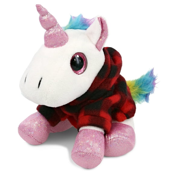 DolliBu Sparkle Eyes White Unicorn Stuffed Animal with Plaid Red Hoodie Sweater - Cute Unicorn Plush Lumberjack Stuffed Toy with Plaid Jacket Dress Up for Christmas, Holiday, Winter - 8 Inches