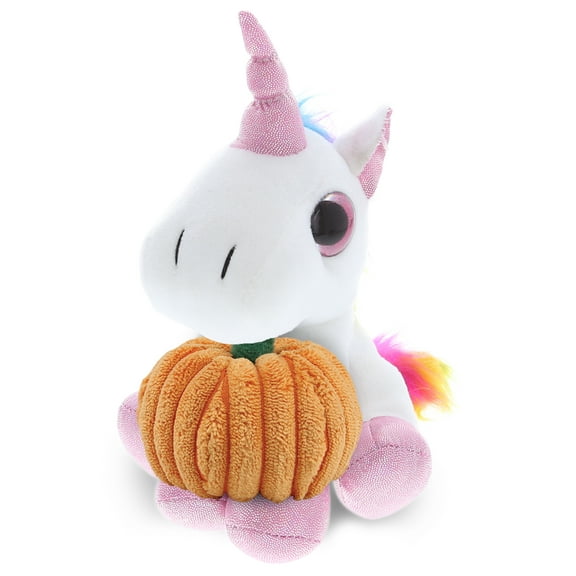 DolliBu Sparkle Eyes White Unicorn Stuffed Animal with Pumpkin Plush Decor - Unicorn Pumpkin Plush Animal for Fall, Halloween and Thanksgiving, Pumpkin Plush Toy for Baby, Kids, Adults - 8 Inches