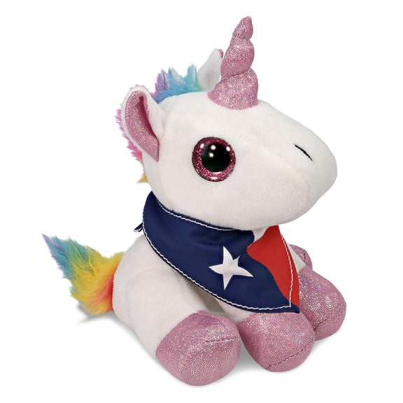DolliBu Sparkle Eyes White Unicorn Stuffed Animal with Texas Flag Bandana - Super Soft Stuffed Animal Plush Toy with Neck Scarf, Fantasy Animal Bear Plush - 8 Inches