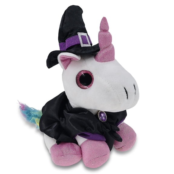 DolliBu Sparkle Eyes White Unicorn Stuffed Animal with Witch Costume - Cute Fantasy Animal with Black Cloak and Witch Hat Outfit - Spooky Halloween Plush Toy for Kids - 8 Inches