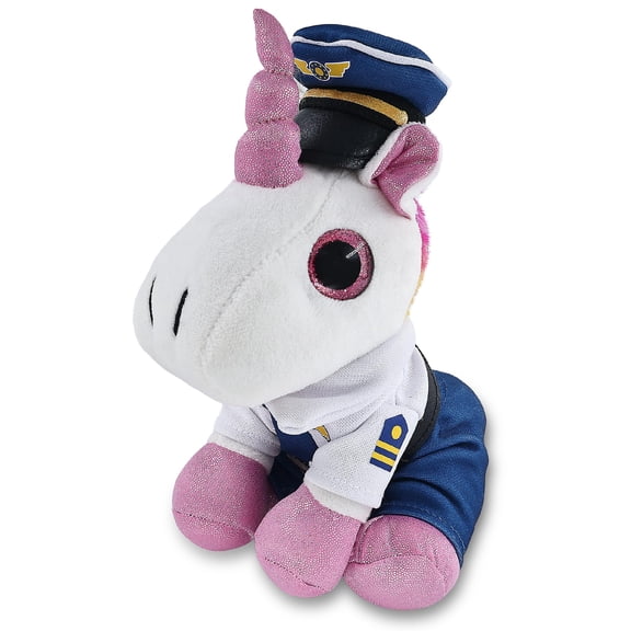 DolliBu Sparkle Eyes White Unicorn Stuffed Animal with Pilot Costume - Cute Fantasy Plush Toy with Airplane Aviation Uniform Dress Up Set - 8 Inches