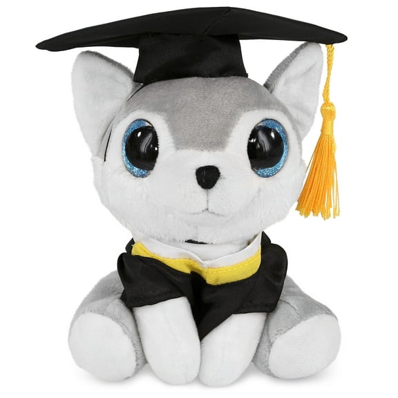 DolliBu Sparkle Eyes Wolf Graduation Plush Toy - Super Soft Graduation Stuffed Animal Dress Up Gown and Cap with Tassel Outfit - Cute Congratulatory Graduation Gift - 6 Inches