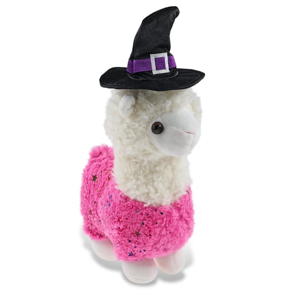 DolliBu Sparkle Pink Llama Stuffed Animal with Witch Costume - Cute Farm Animal with Witch Hat Outfit - Spooky Halloween Plush Toy for Kids - 11 Inches