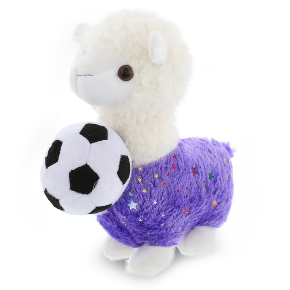 DolliBu Sparkle Purple Llama Stuffed Animal with Soccer Ball Plush - Soft Huggable Llama, Adorable Playtime Plush Toy, Cute Farm Gift, Soccer Plush Animal Toy for Kids and Adults - 11.5 Inch