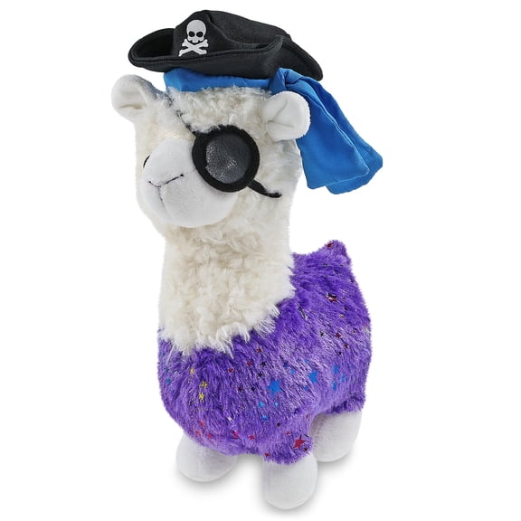 DolliBu Sparkle Purple Llama Stuffed Animal With Pirate Dress Up - Sea Adventure Llama Plush Toy with Cute Pirate Costume Hat - 11 Inches