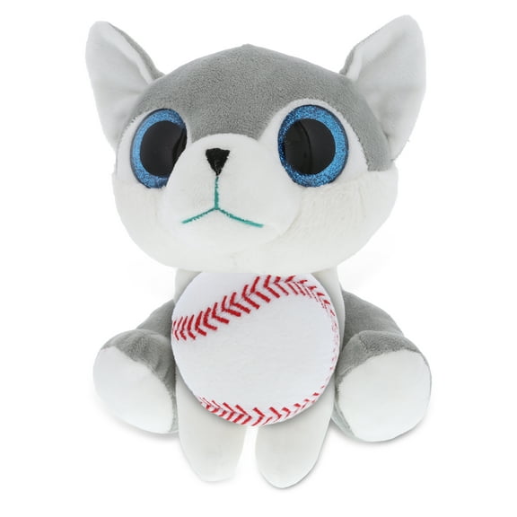 DolliBu Sparkling Eyes Wolf Stuffed Animal with Baseball Plush, Soft Huggable Wolf, Playtime Plush Toy, Cute Farm Toy Gift, Soft Plush Doll Animal Toy for Kids and Adults - 8 Inch