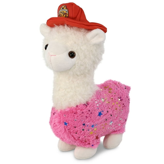 DolliBu Sparkly Pink Llama Firefighter Stuffed Animal - Super Soft Llama Fireman Toy with Red Fireman Hat Outfit, Cute Farm Life Animal Fire Fighter Doll Plush Toy for Kids and Adults - 11 Inch