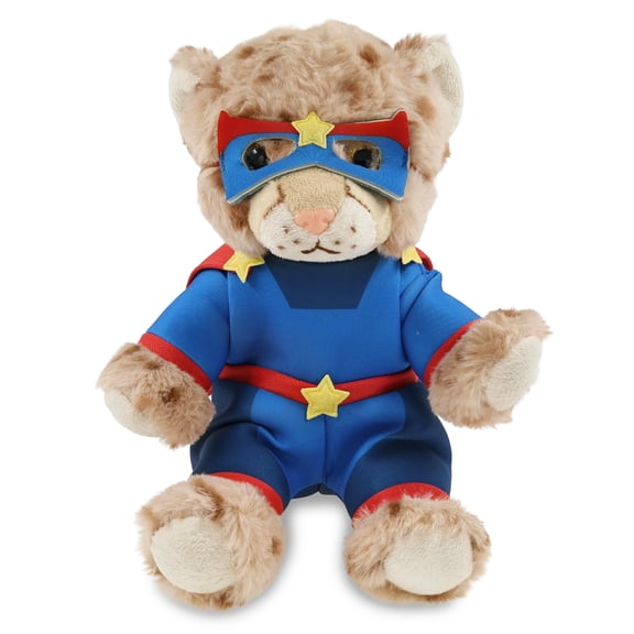 DolliBu Squat Cheetah Plush Stuffed Animal with Superhero Costume - Cute Wildlife Toy with Red Cape Blue Suit, Eye Mask - Super Hero Adventure Plush for Kids - 12.5 Inches
