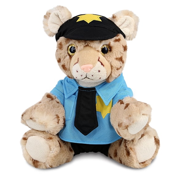 DolliBu Squat Cheetah Police Officer Super Soft Plush Toy - Soft Squat Cheetah Cop Stuffed Animal Dress Up with Cute Cop Uniform and Cap Outfit - Sweet Plush Cheetah Cop Gift - 8.5 Inches